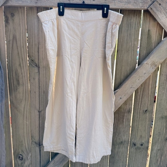 Davina Pants - Davina Linen Blend Wide Leg Cream Colored Cropped Pull On Plus Size Pants